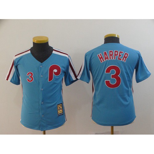 Philadelphia Phillies #3 Bryce Harper Light Blue Cool Base Cooperstown Stitched Youth Jersey Youth