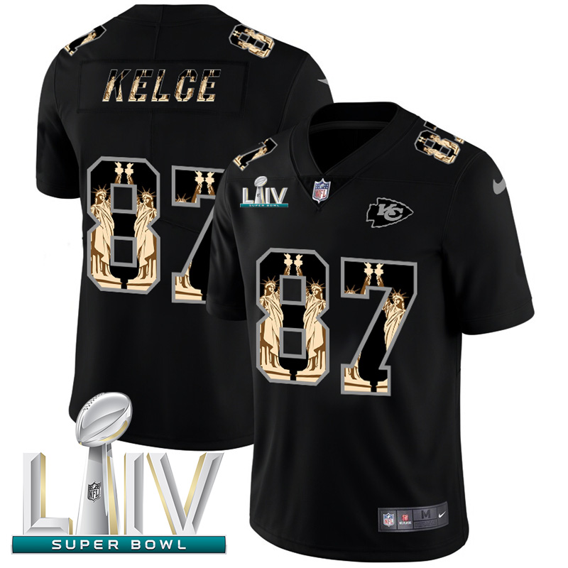 Kansas City Chiefs #87 Travis Kelce Carbon Black Super Bowl LIV 2020 Vapor Statue Of Liberty Limited Jersey