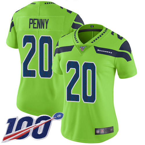 Seattle Seahawks #20 Rashaad Penny Green Women's Stitched Limited Rush 100th Season Jersey Womens