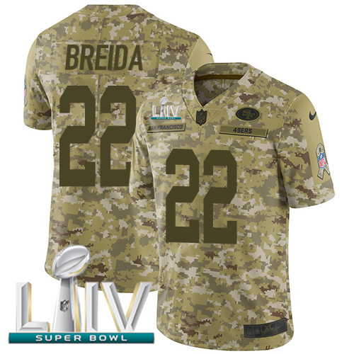 San Francisco 49ers #22 Matt Breida Camo Super Bowl LIV 2020 Youth Stitched Limited 2018 Salute To Service Jersey Youth