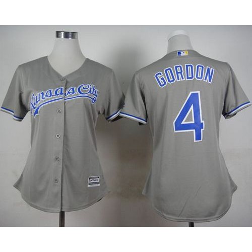 Kansas City Royals #4 Alex Gordon Grey Road Women's Stitched Jersey Womens