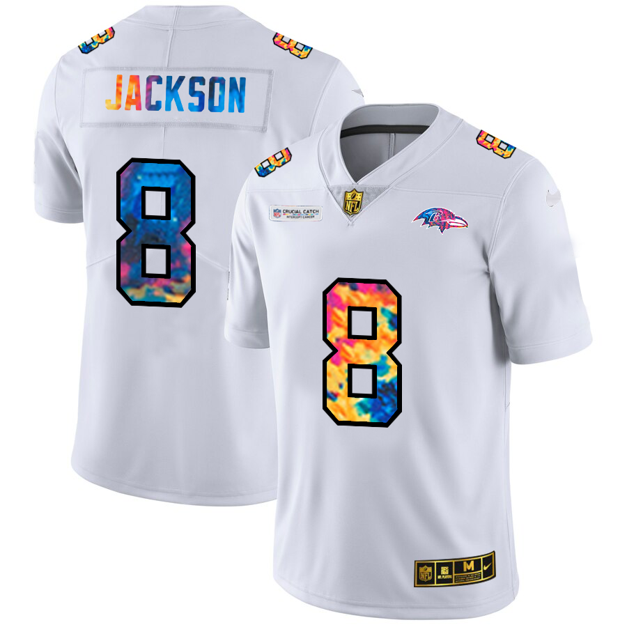 Baltimore Ravens #8 Lamar Jackson Men's White Multi-Color 2020 Crucial Catch Limited Jersey