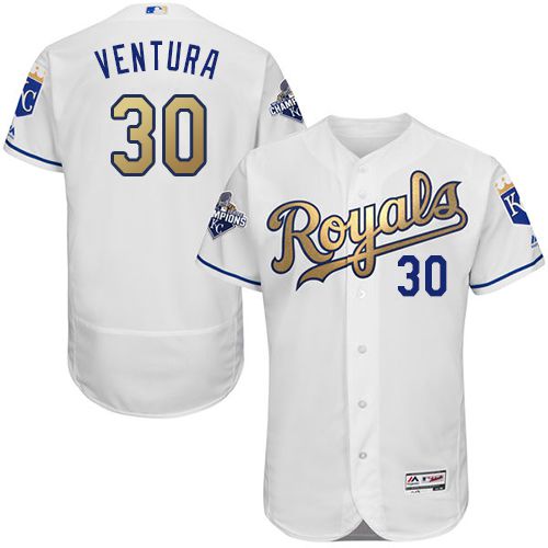 Kansas City Royals #30 Yordano Ventura White 2015 World Series Champions Gold Program FlexBase Authentic Stitched Jersey Men's