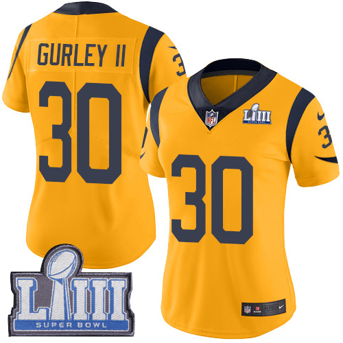 Los Angeles Rams #30 Todd Gurley II Gold Super Bowl LIII Bound Women's Stitched Limited Rush Jersey Womens