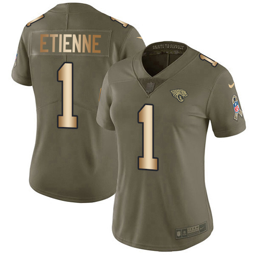 Jaguars #1 Travis Etienne Olive/Gold Women's Stitched Limited 2017 Salute To Service Jersey