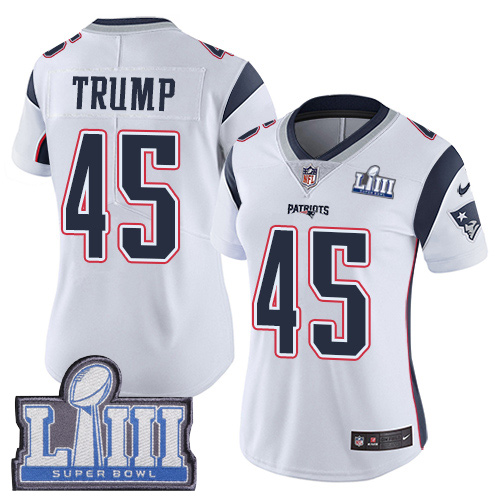 New England Patriots #45 Donald Trump White Super Bowl LIII Bound Women's Stitched Vapor Untouchable Limited Jersey Womens
