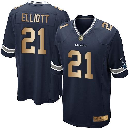Cowboys #21 Ezekiel Elliott Navy Blue Team Color Youth Stitched Elite Gold Jersey