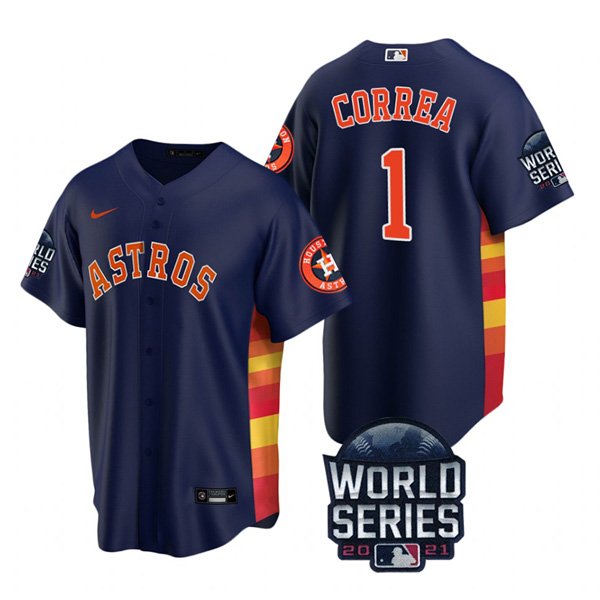Houston Astros #1 Carlos Correa Men's 150th Anniversary 2021 World Series Game Jersey - Navy