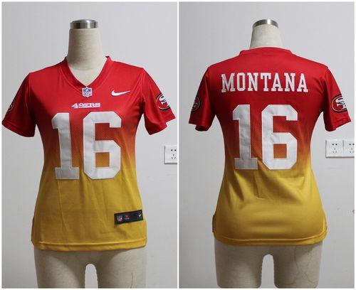 49ers #16 Joe Montana Red/Gold Women's Stitched Elite Fadeaway Fashion Jersey