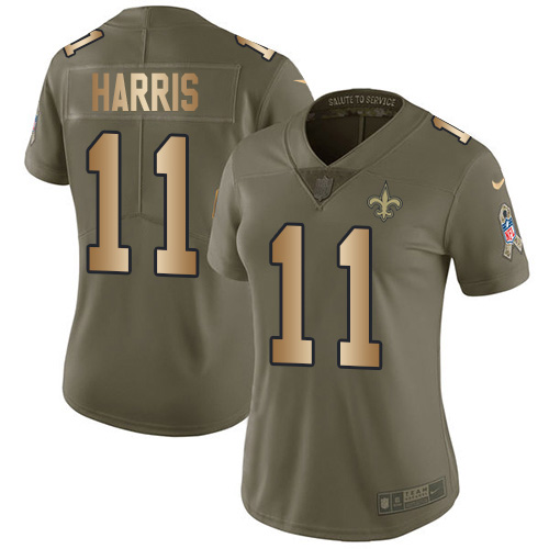 New Orleans Saints #11 Deonte Harris Olive/Gold Women's Stitched Limited 2017 Salute To Service Jersey Womens