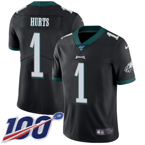 Eagles #1 Jalen Hurts Black Alternate Youth Stitched 100th Season Vapor Untouchable Limited Jersey