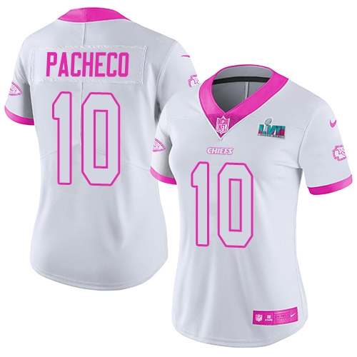 Chiefs #10 Isiah Pacheco White/Pink Super Bowl LVII Patch Women's Stitched Limited Rush Fashion Jersey