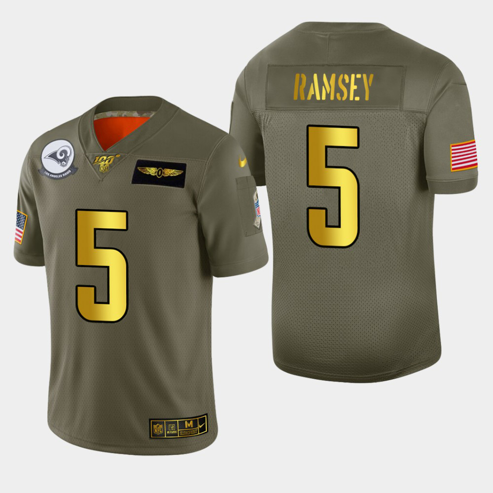Rams #5 Jalen Ramsey Men's Olive Gold 2019 Salute To Service 100 Limited Jersey