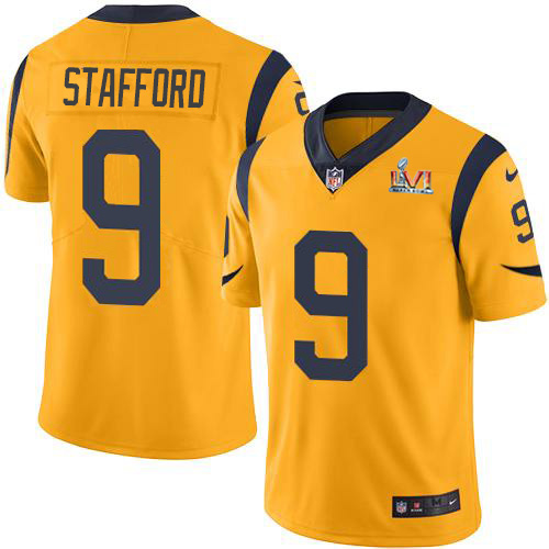 Rams #9 Matthew Stafford Gold Super Bowl LVI Patch Men's Stitched Limited Rush Jersey