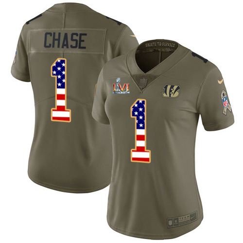 Bengals #1 Ja'Marr Chase Olive/USA Super Bowl LVI Patch Flag Women's Stitched Limited 2017 Salute To Service Jersey