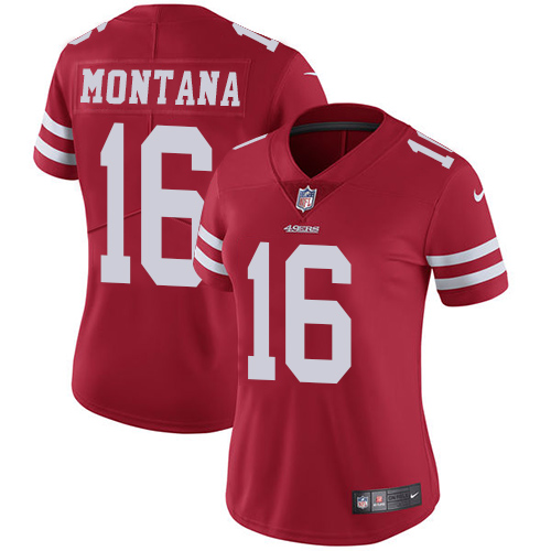 49ers #16 Joe Montana Red Team Color Women's Stitched Vapor Untouchable Limited Jersey