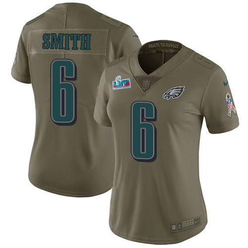 Eagles #6 DeVonta Smith Olive Super Bowl LVII Patch Women's Stitched Limited 2017 Salute To Service Jersey