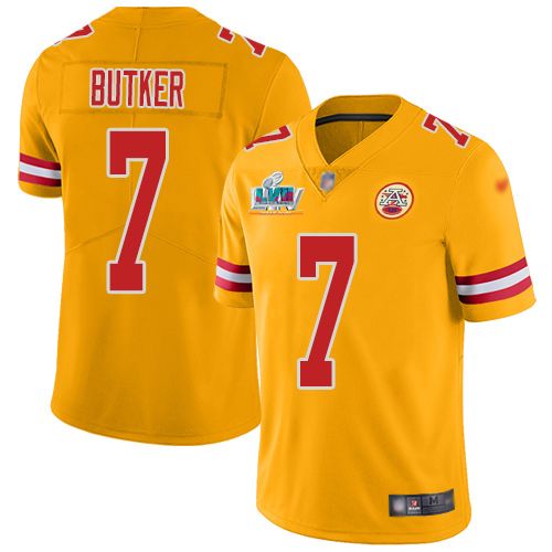 Chiefs #7 Harrison Butker Gold Super Bowl LVII Patch Youth Stitched Limited Inverted Legend Jersey