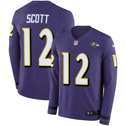 Baltimore Ravens #12 Jaleel Scott Purple Team Color Men's Stitched Limited Therma Long Sleeve Jersey Men's