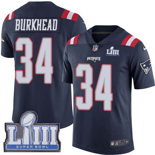 New England Patriots #34 Rex Burkhead Navy Blue Super Bowl LIII Bound Men's Stitched Limited Rush Jersey Men's