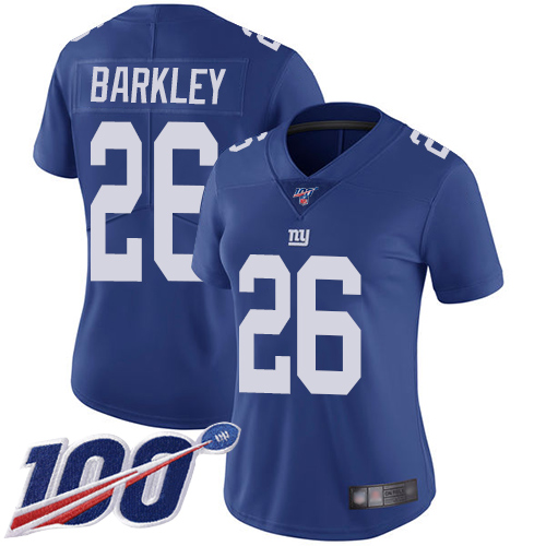 Giants #26 Saquon Barkley Royal Blue Team Color Women's Stitched 100th Season Vapor Limited Jersey