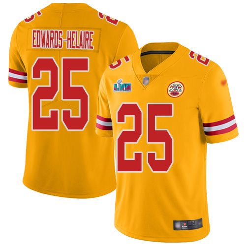 Chiefs #25 Clyde Edwards-Helaire Gold Super Bowl LVII Patch Men's Stitched Limited Inverted Legend Jersey