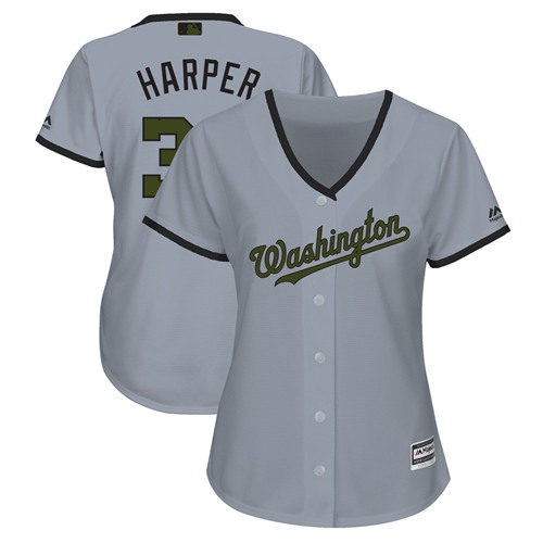 Washington Nationals #34 Bryce Harper Grey 2018 Memorial Day Cool Base Women's Stitched Jersey Womens