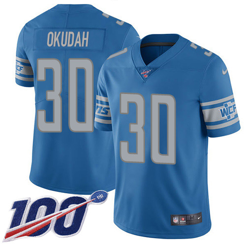 Detroit Lions #30 Jeff Okudah Blue Team Color Men's Stitched 100th Season Vapor Untouchable Limited Jersey Men's