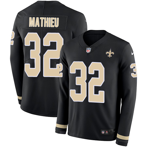 Saints #32 Tyrann Mathieu Black Team Color Men's Stitched Limited Therma Long Sleeve Jersey