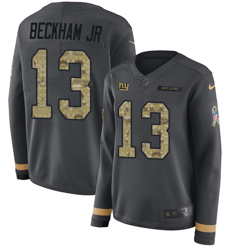 New York Giants #13 Odell Beckham Jr Anthracite Salute to Service Women's Stitched Limited Therma Long Sleeve Jersey Womens