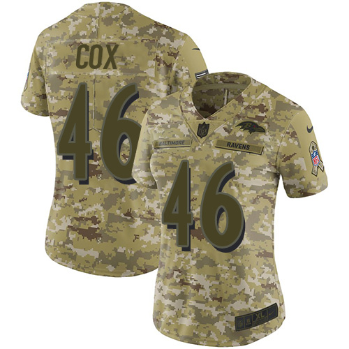 Baltimore Ravens #46 Morgan Cox Camo Women's Stitched Limited 2018 Salute to Service Jersey Womens