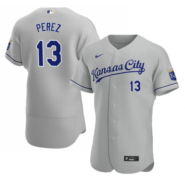 Men's Kansas City Royals 13 Authentic 2020 Road Gray Salvador Perez Jersey