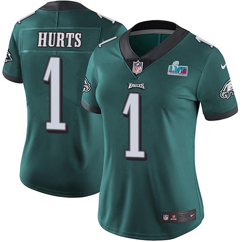 Eagles #1 Jalen Hurts Green Team Color Super Bowl LVII Patch Women's Stitched Vapor Untouchable Limited Jersey