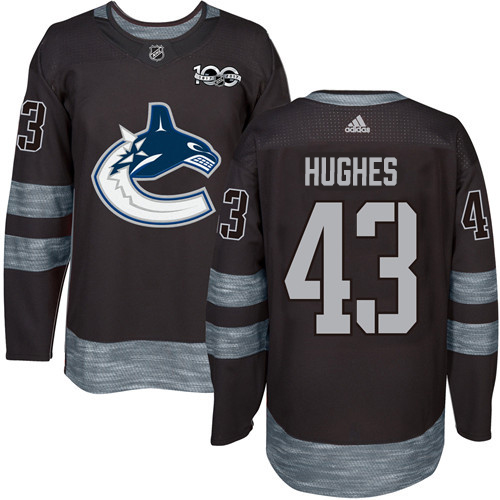 Adidas Vancouver Canucks #43 Quinn Hughes Black 1917-2017 100th Anniversary Stitched Jersey Men's