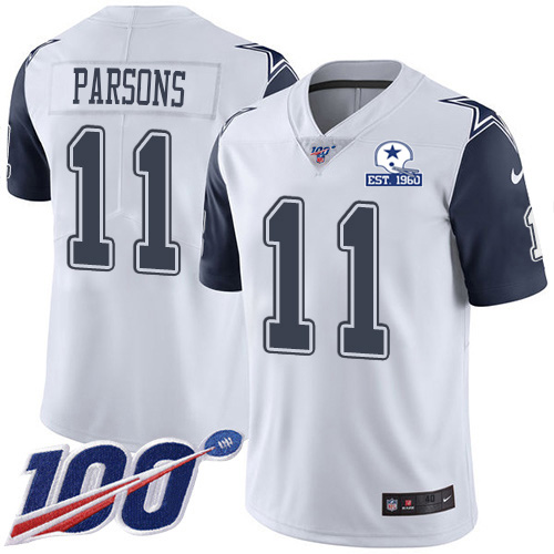 Cowboys #11 Micah Parsons White Men's Stitched With Established In 1960 Patch Limited Rush 100th Season Jersey