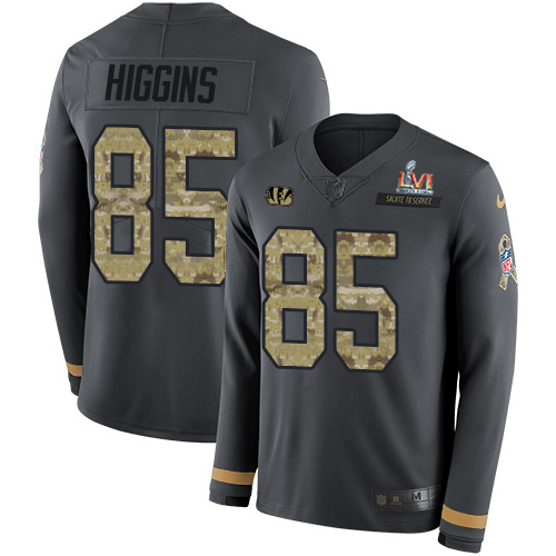 Bengals #85 Tee Higgins Anthracite Super Bowl LVI Patch Salute To Service Men's Stitched Limited Therma Long Sleeve Jersey