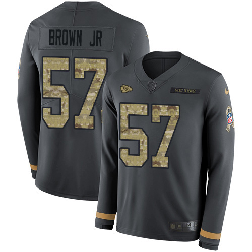 Kansas City Chiefs #57 Orlando Brown Jr. Anthracite Salute to Service Men's Stitched Limited Therma Long Sleeve Jersey Men's