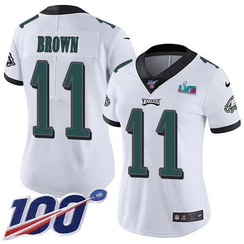 Eagles #11 A.J. Brown White Super Bowl LVII Patch Women's Stitched 100th Season Vapor Untouchable Limited Jersey