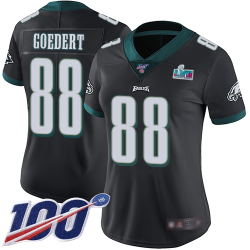 Eagles #88 Dallas Goedert Black Super Bowl LVII Patch Alternate Women's Stitched 100th Season Vapor Limited Jersey