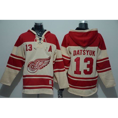 Detroit Red Wings #13 Pavel Datsyuk Cream Sawyer Hooded Sweatshirt Stitched Jersey Men's