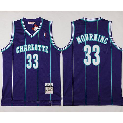 Mitchell And Ness Charlotte Hornets #33 Alonzo Mourning Purple Throwback Stitched Jersey Mens