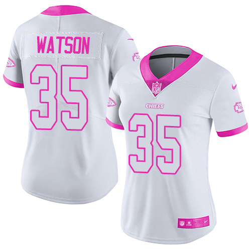 Chiefs #35 Jaylen Watson White/Pink Women's Stitched Limited Rush Fashion Jersey