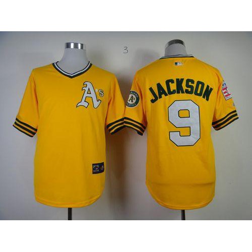 Mitchell And Ness Oakland Athletics #9 Reggie Jackson Yellow Throwback Stitched Jersey Men's