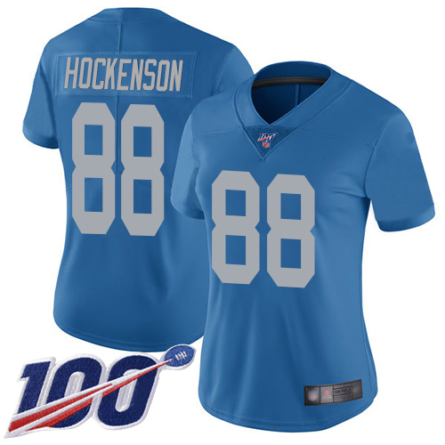 Detroit Lions #88 T.J. Hockenson Blue Throwback Women's Stitched 100th Season Vapor Limited Jersey Womens