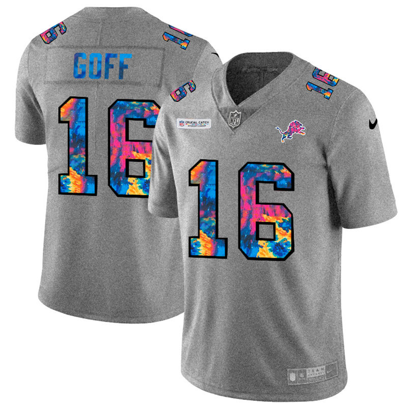 Detroit Lions #16 Jared Goff Men's Multi-Color 2020 Crucial Catch Jersey Greyheather