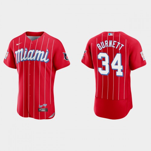 Miami Miami Marlins #34 A.J. Burnett Men's 2021 City Connect Authentic Jersey Red Men's