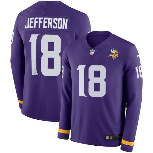Vikings #18 Justin Jefferson Purple Team Color Men's Stitched Limited Therma Long Sleeve Jersey