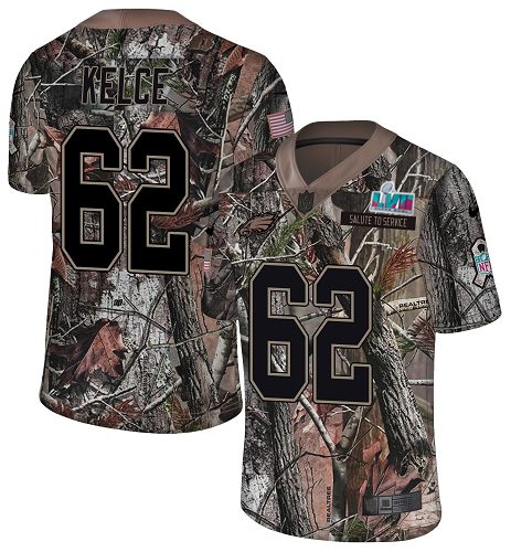 Eagles #62 Jason Kelce Camo Super Bowl LVII Patch Men's Stitched Limited Rush Realtree Jersey