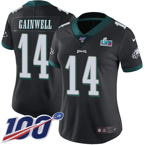 Eagles #14 Kenneth Gainwell Black Alternate Super Bowl LVII Patch Women's Stitched 100th Season Vapor Untouchable Limited Jersey