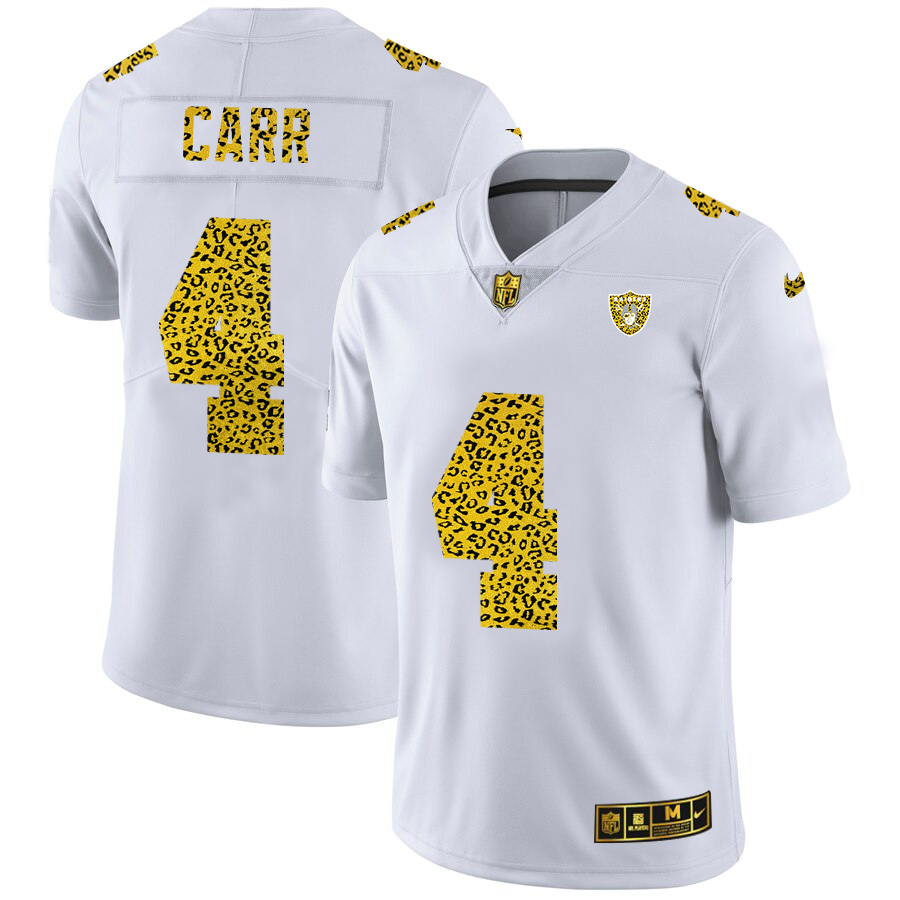 Las Vegas Raiders #4 Derek Carr Men's Flocked Leopard Print Vapor Limited Jersey White
